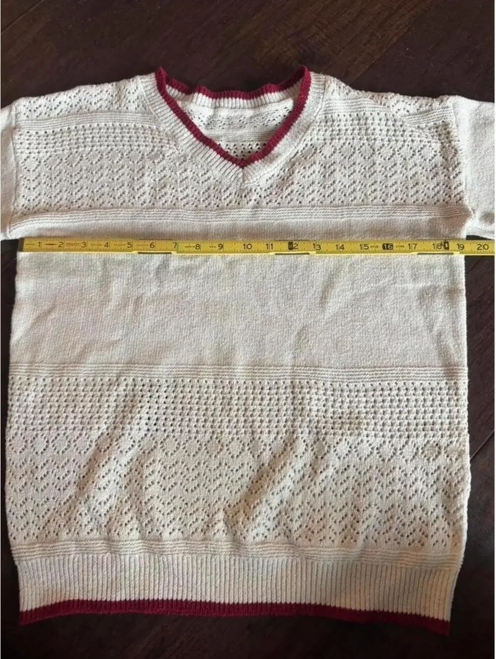 Vintage ivory pointelle knit sweater with burgundy trim